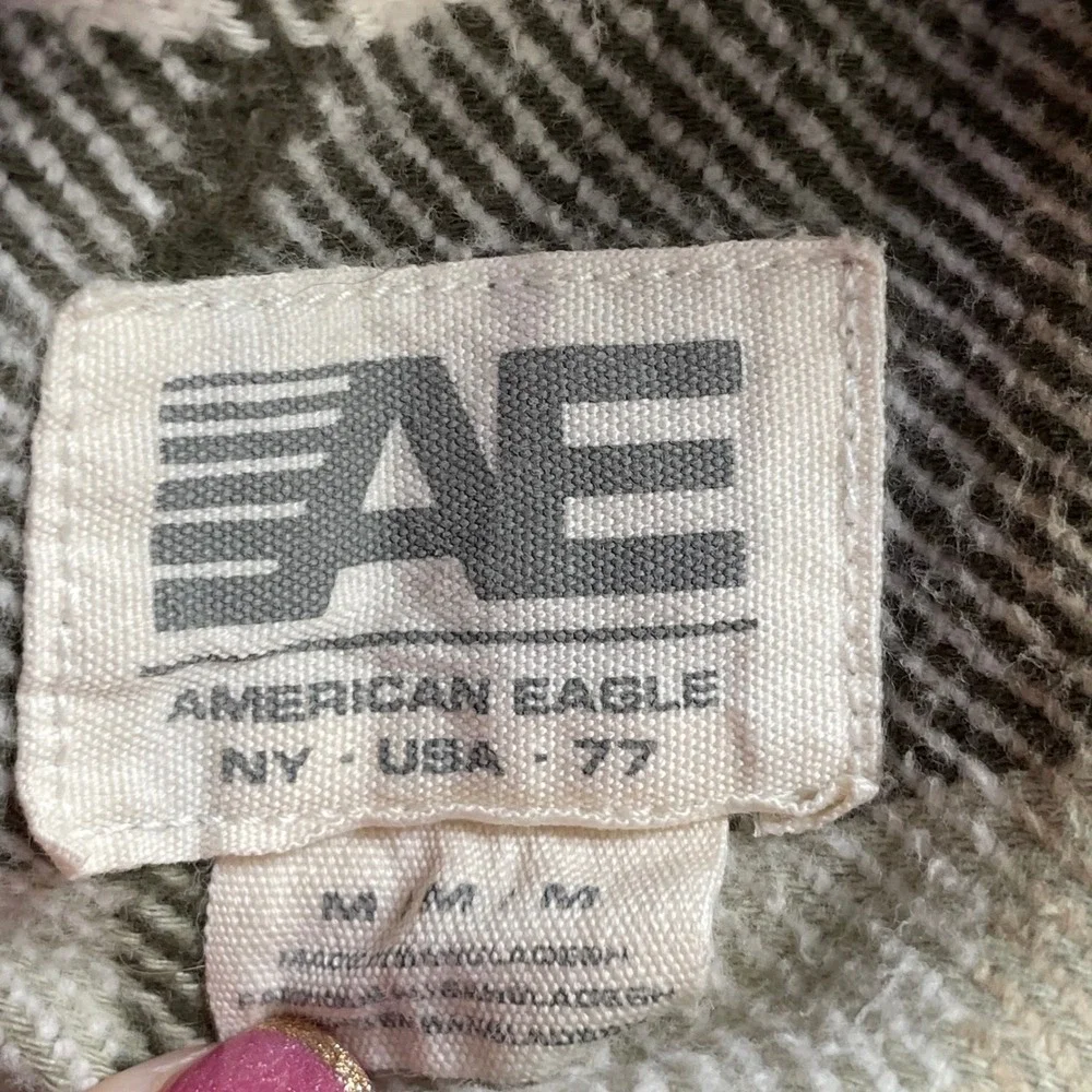 American Eagle Plaid Hooded Flannel Shirt Green Tan Grey Removable Hood Size M